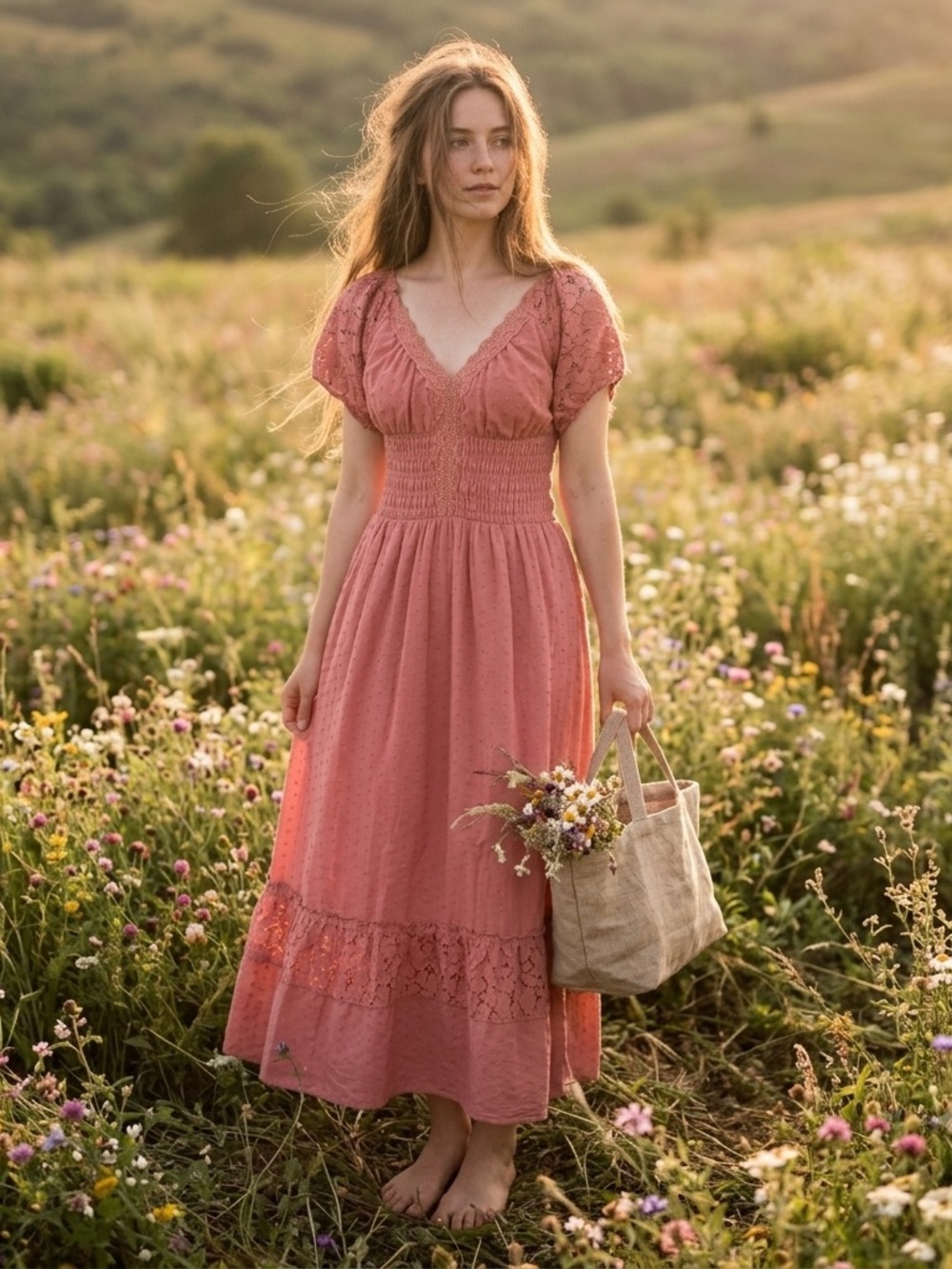 Pink Swiss Dot Prairie Cottagecore Maxi Dress Lace Puff Sleeve Smocked Anna-Kaci